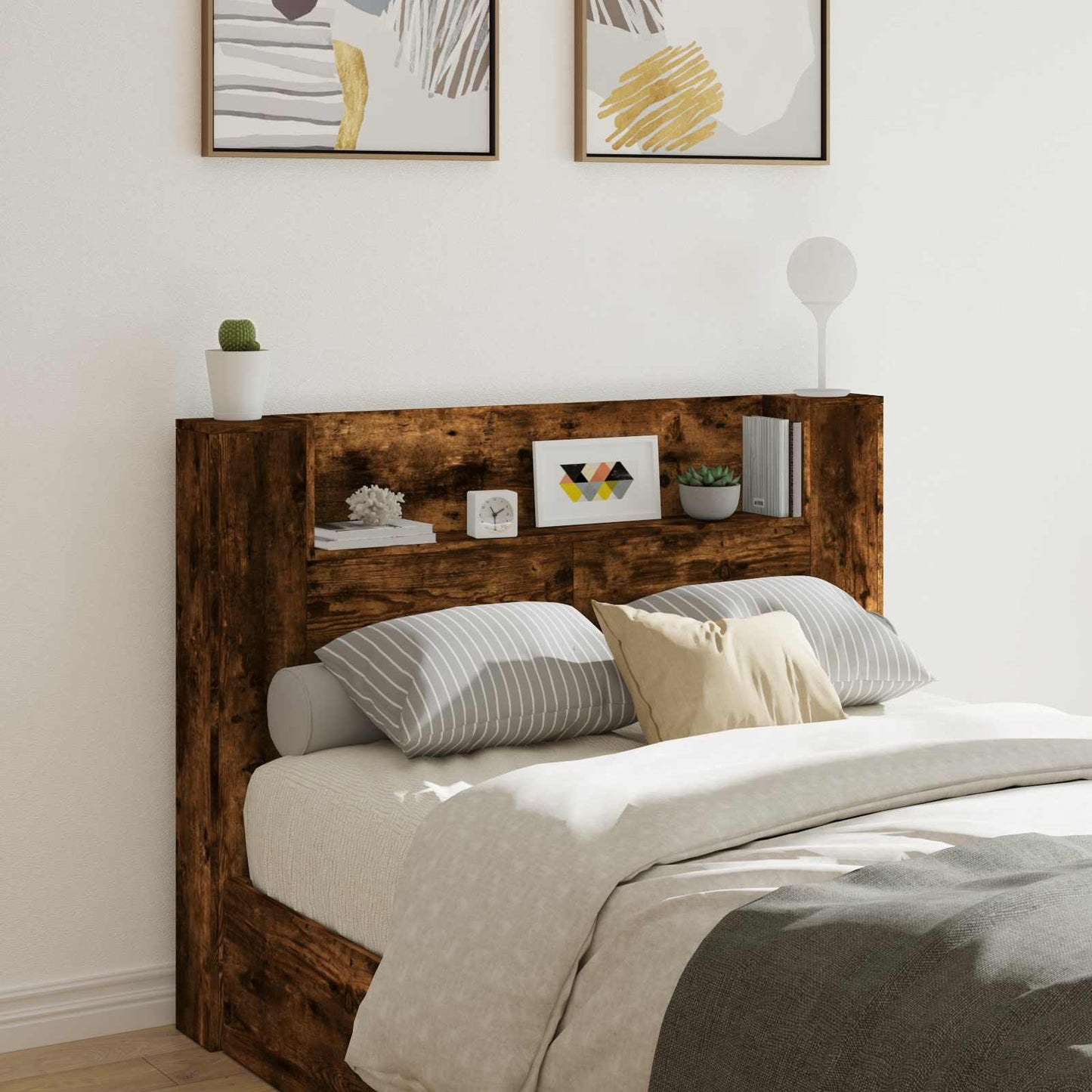 Headboard Cabinet with LED Smoked Oak 140 x 16.5 x 103.5 cm