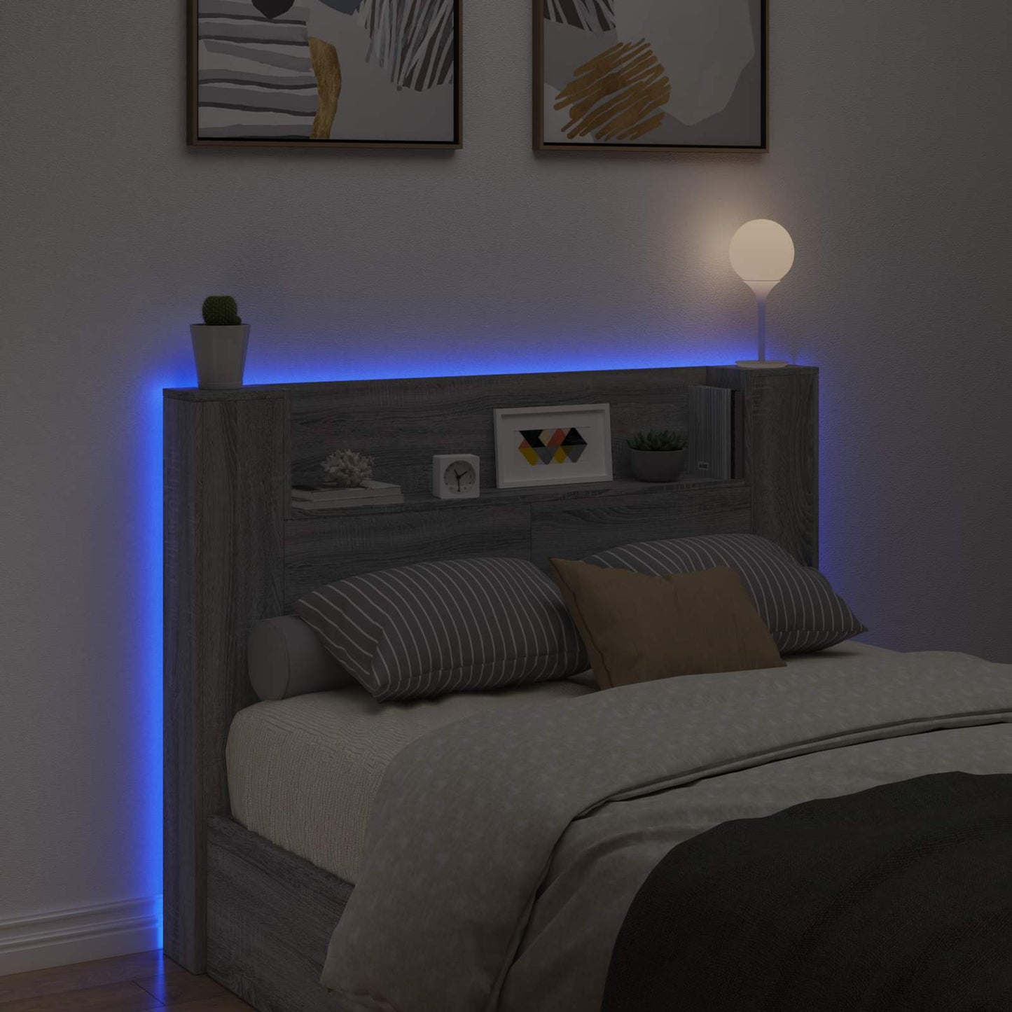 Headboard Cabinet with LED Grey Sonoma 140 x 16.5 x 103.5 cm