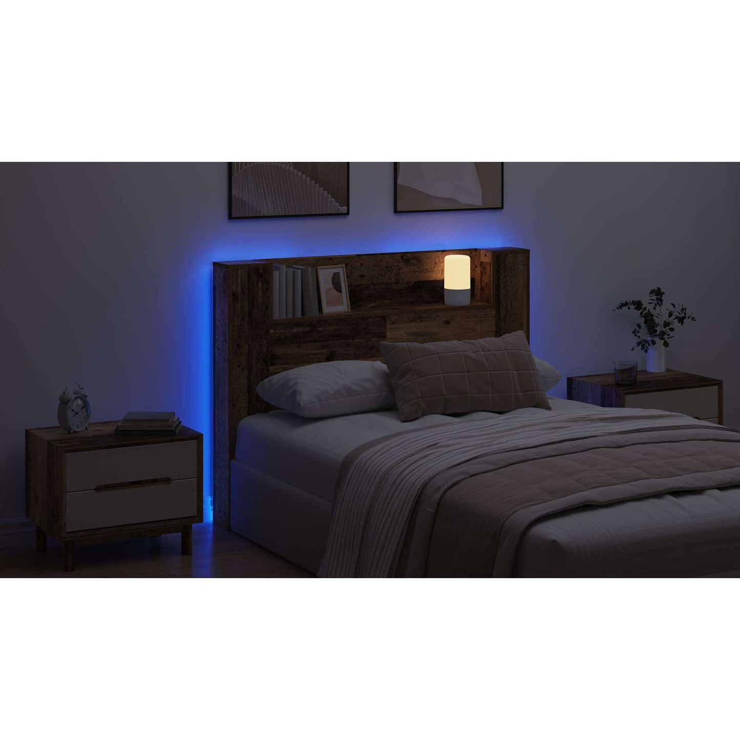 Headboard Cabinet with LED Old Wood 140 x 16.5 x 103.5 cm