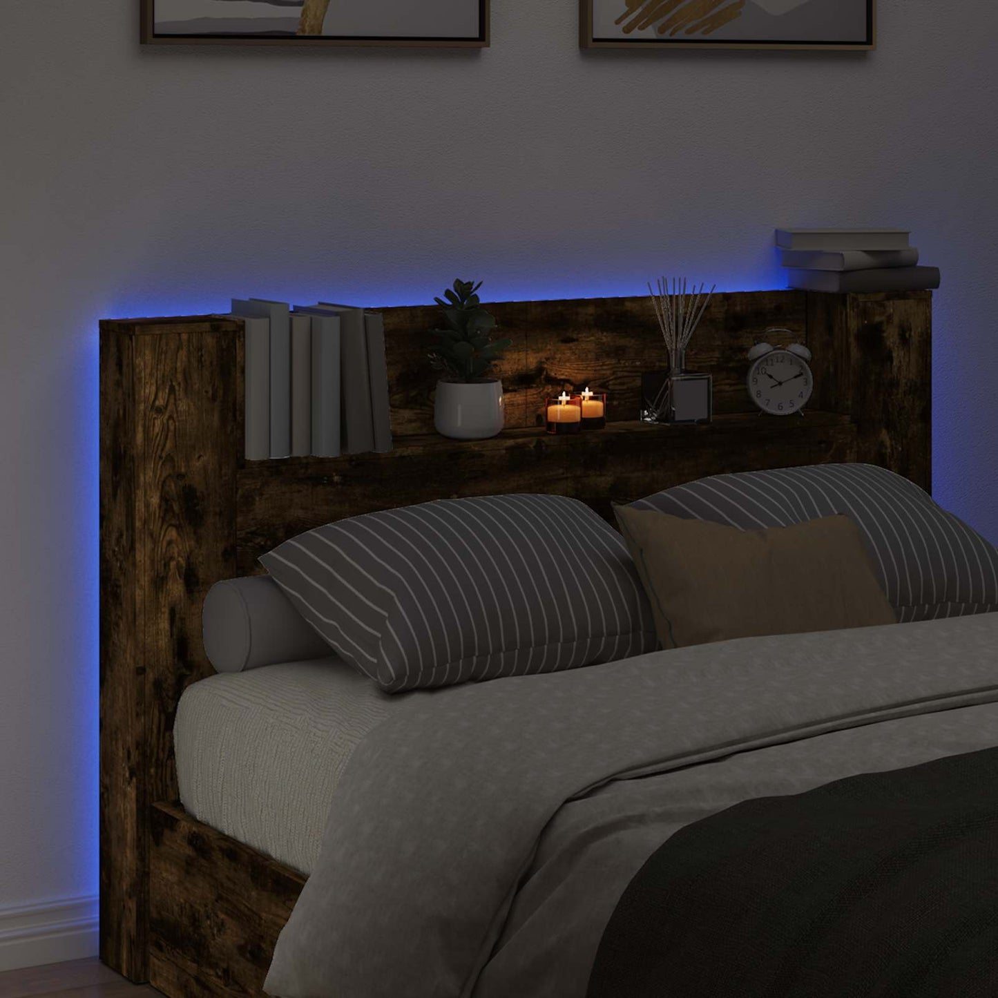 Headboard Cabinet with LED Smoked Oak 160 x 16.5 x 103.5 cm