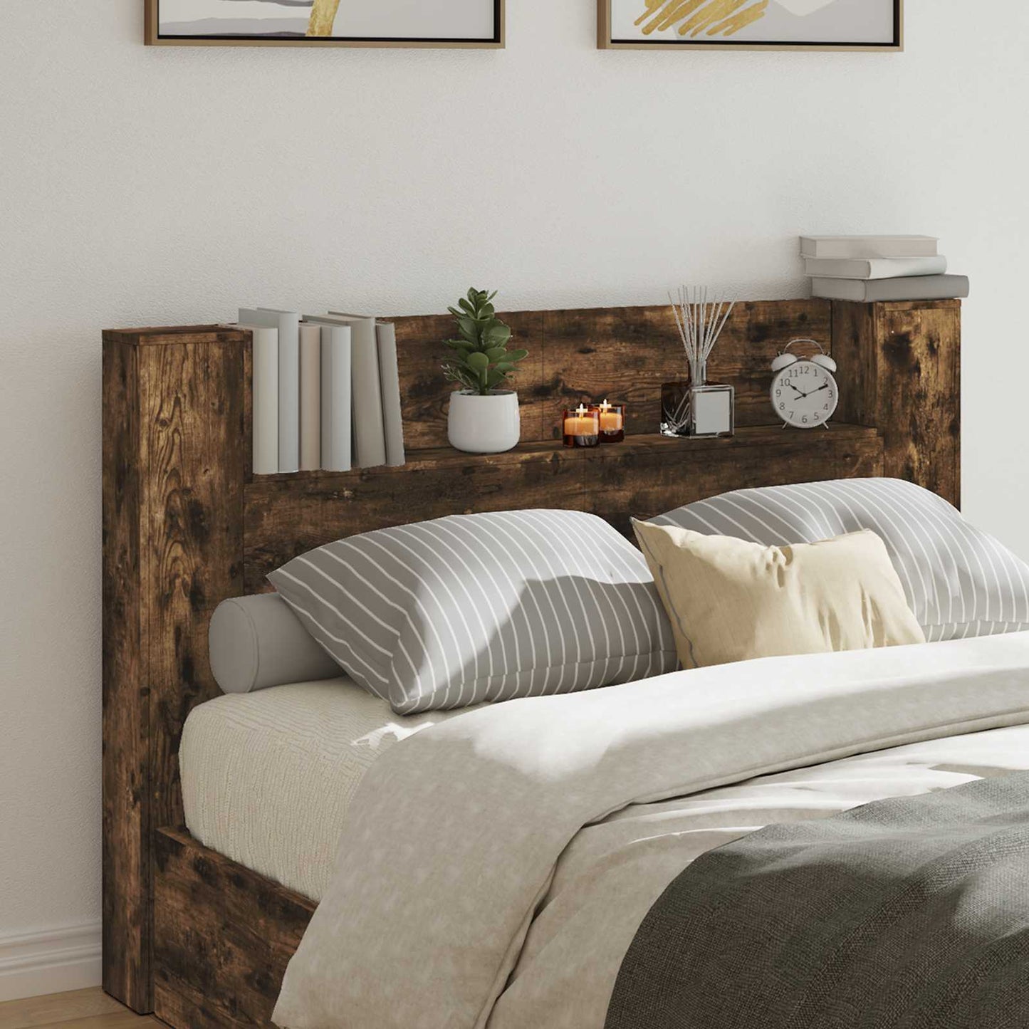 Headboard Cabinet with LED Smoked Oak 160 x 16.5 x 103.5 cm