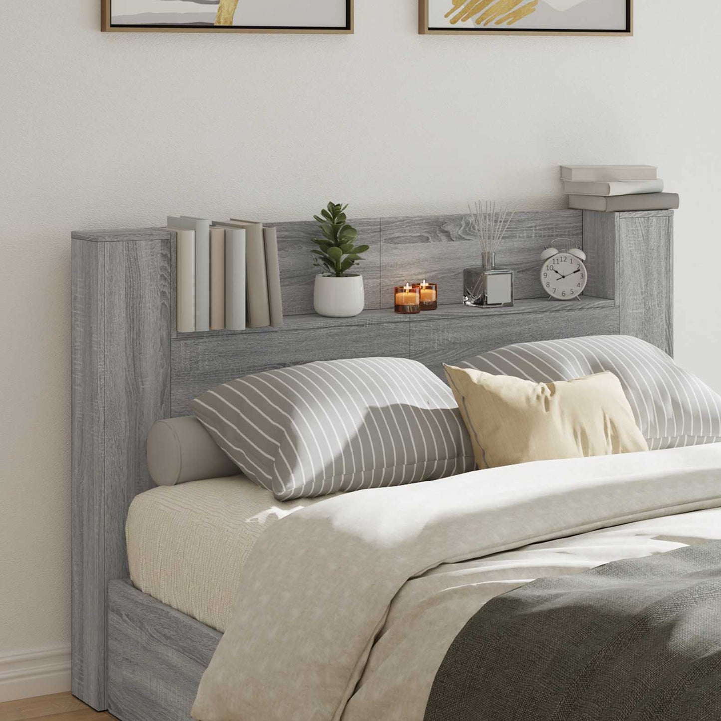 Headboard Cabinet with LED Grey Sonoma 160 x 16.5 x 103.5 cm