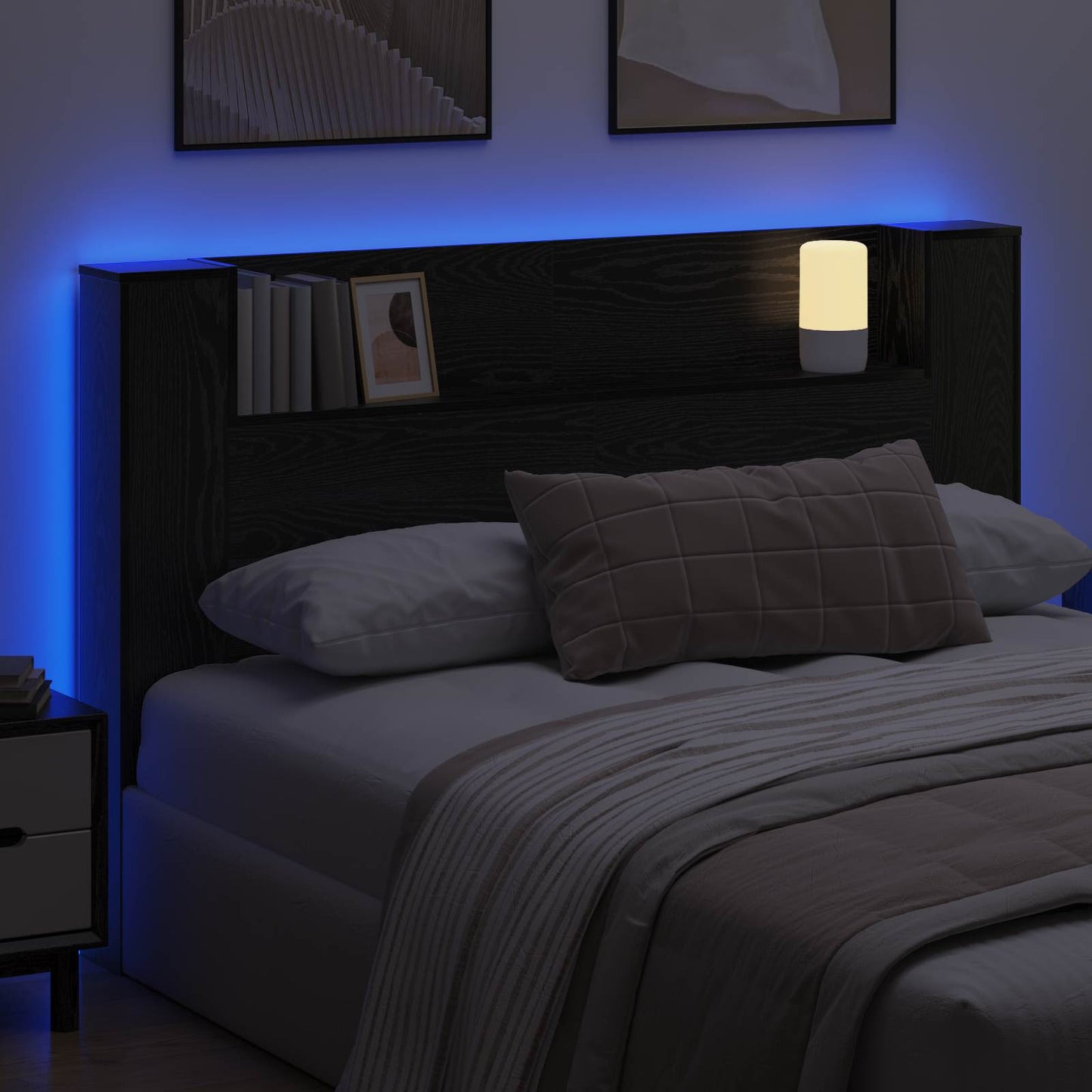 Headboard Cabinet with LED Black Oak Engineered Wood