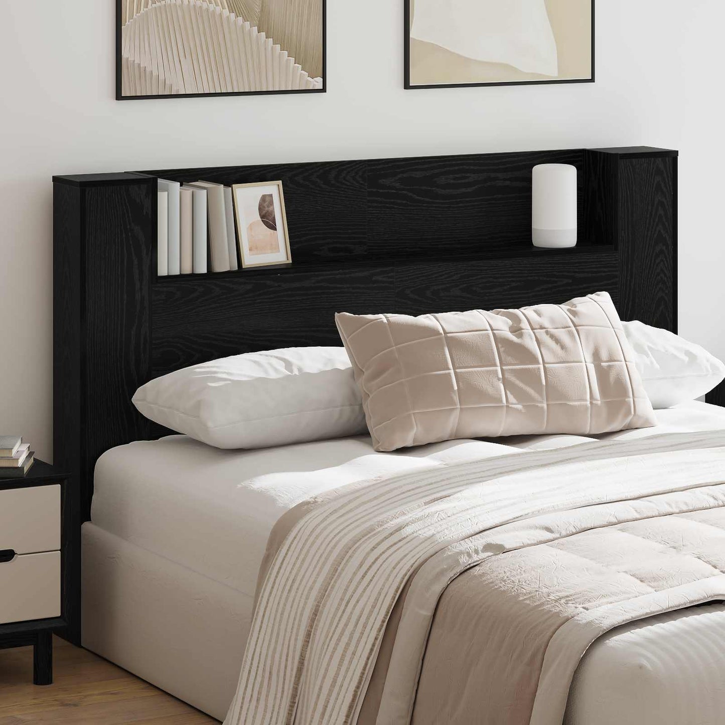 Headboard Cabinet with LED Black Oak Engineered Wood