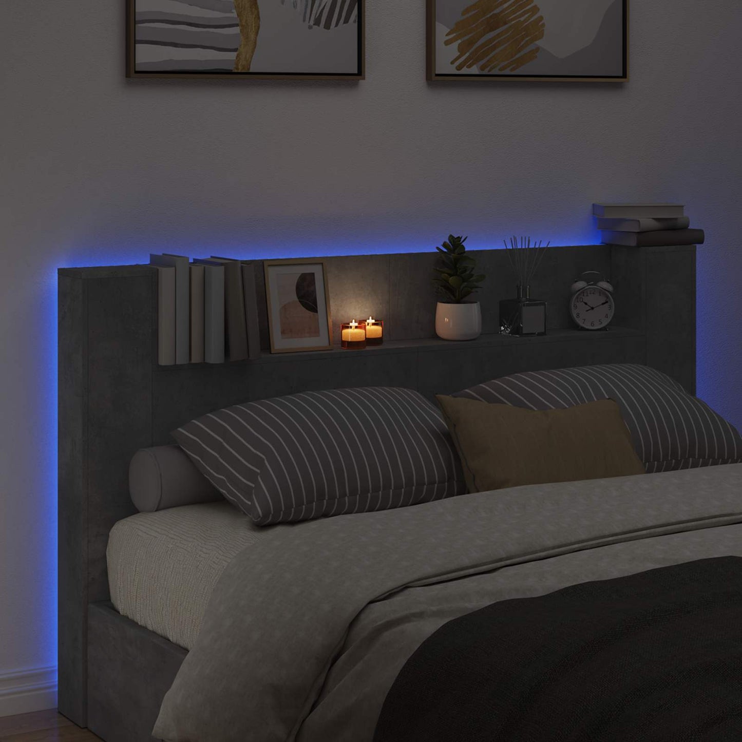 Headboard Cabinet with LED Concrete 180 x 16.5 x 103.5 cm