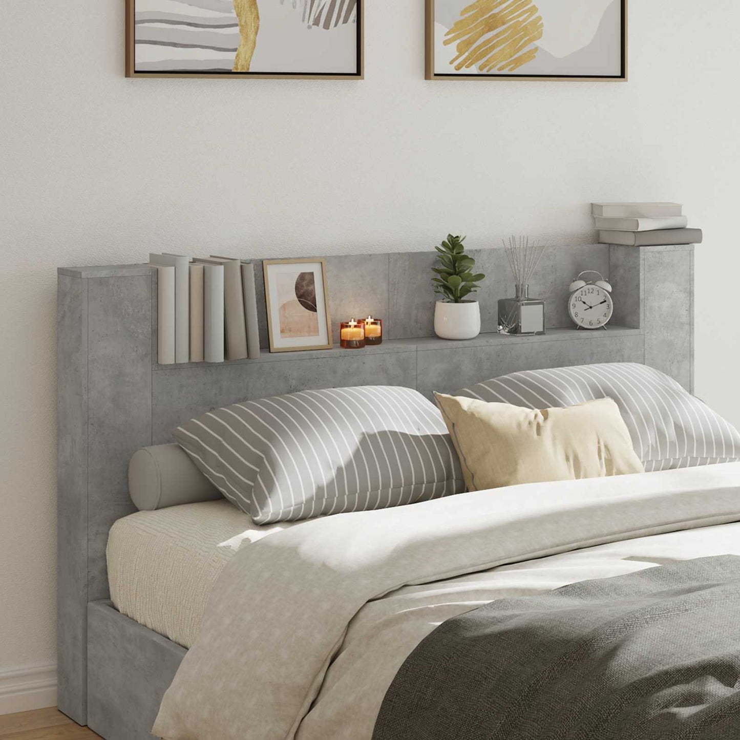 Headboard Cabinet with LED Concrete 180 x 16.5 x 103.5 cm