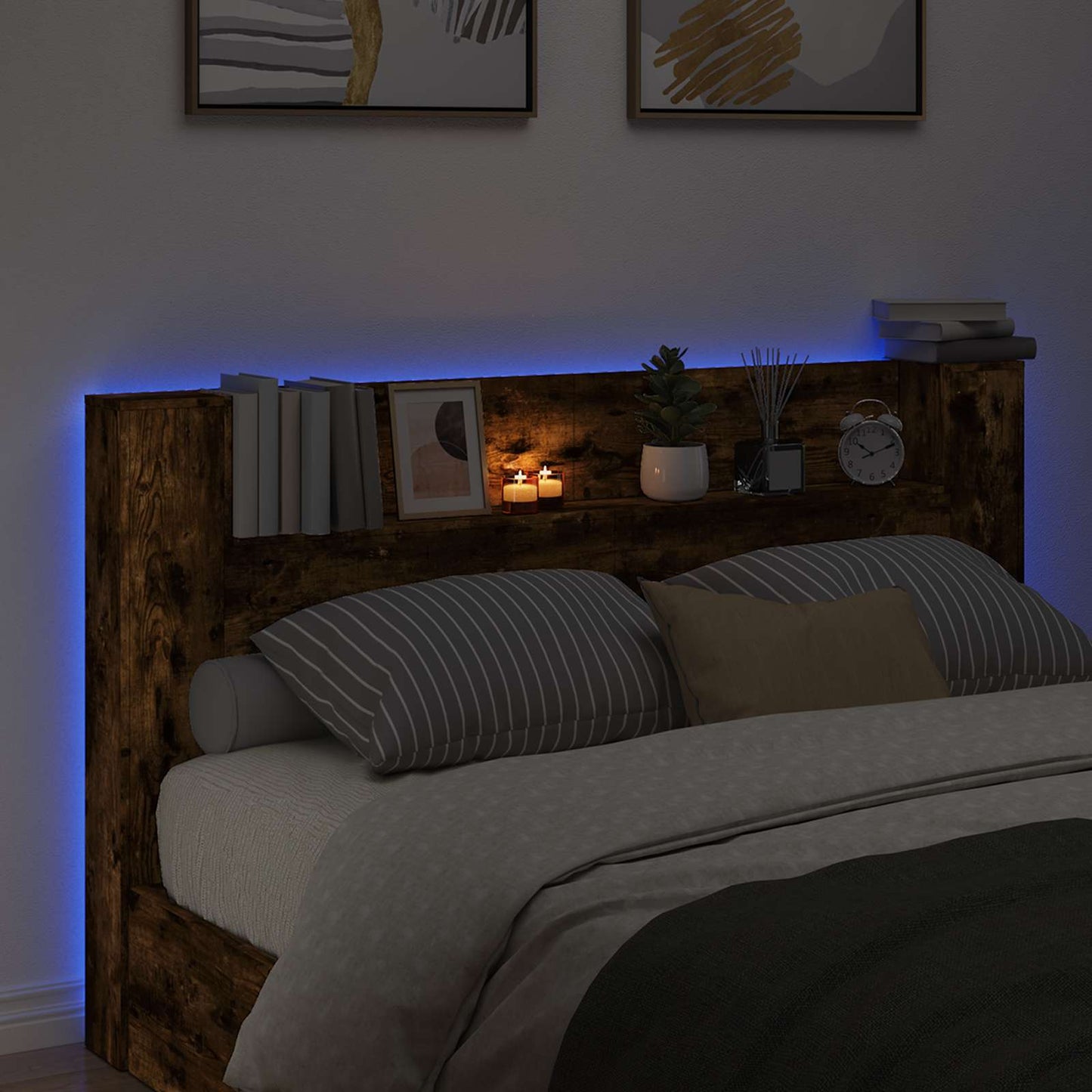 Headboard Cabinet with LED Smoked Oak 180 x 16.5 x 103.5 cm