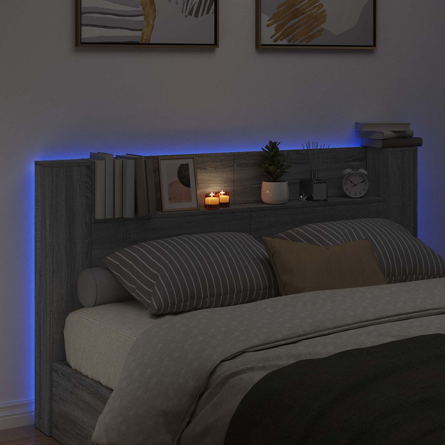 Headboard Cabinet with LED Grey Sonoma 180 x 16.5 x 103.5 cm