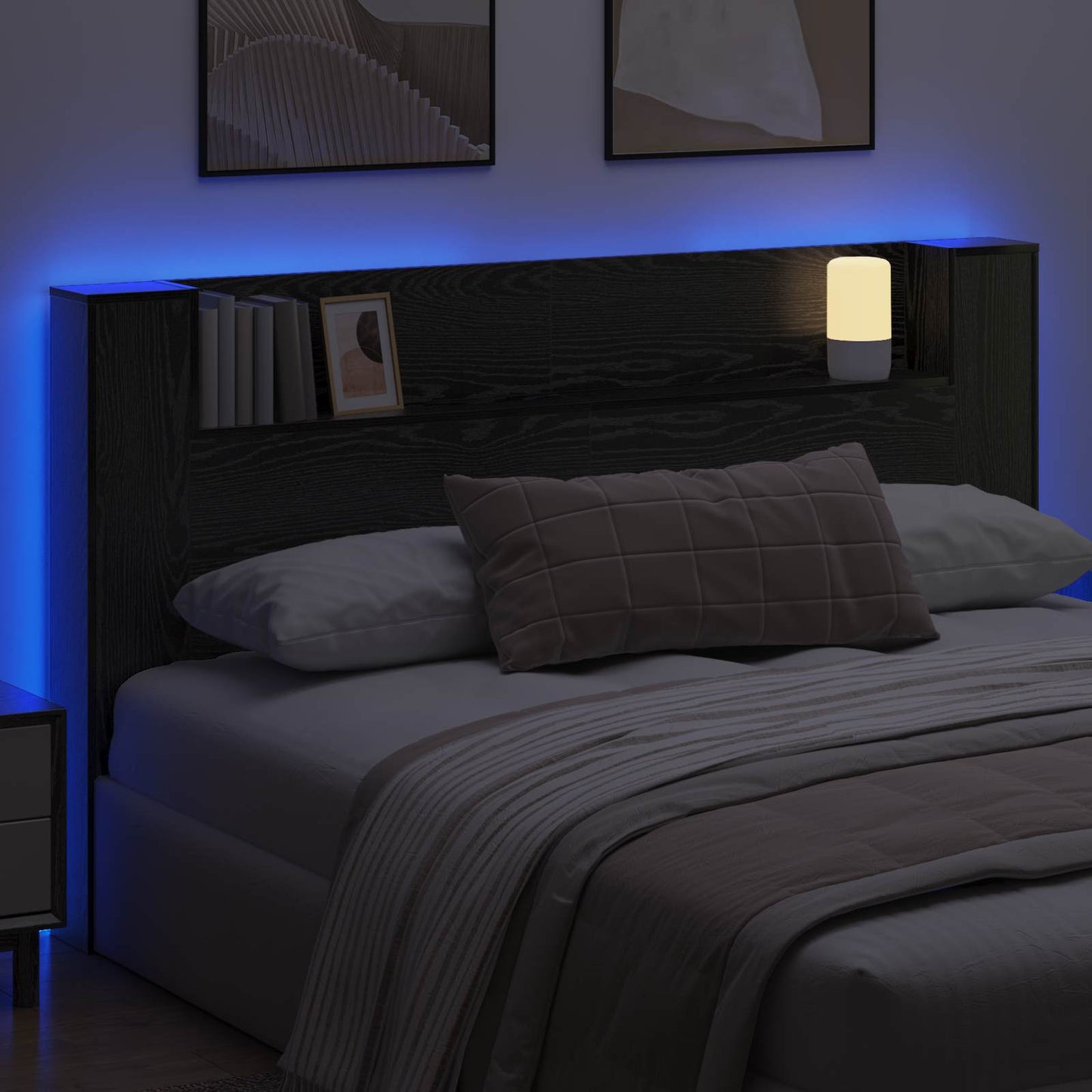 Headboard Cabinet with LED Black Oak 180 x 16.5 x 103.5 cm