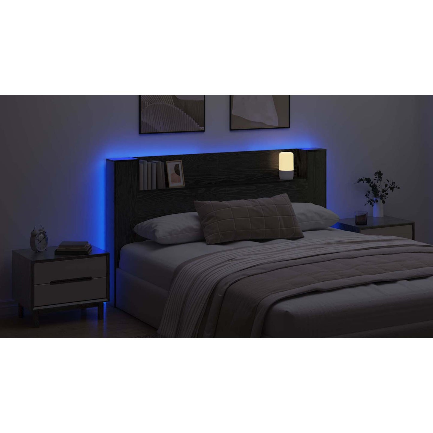 Headboard Cabinet with LED Black Oak 180 x 16.5 x 103.5 cm