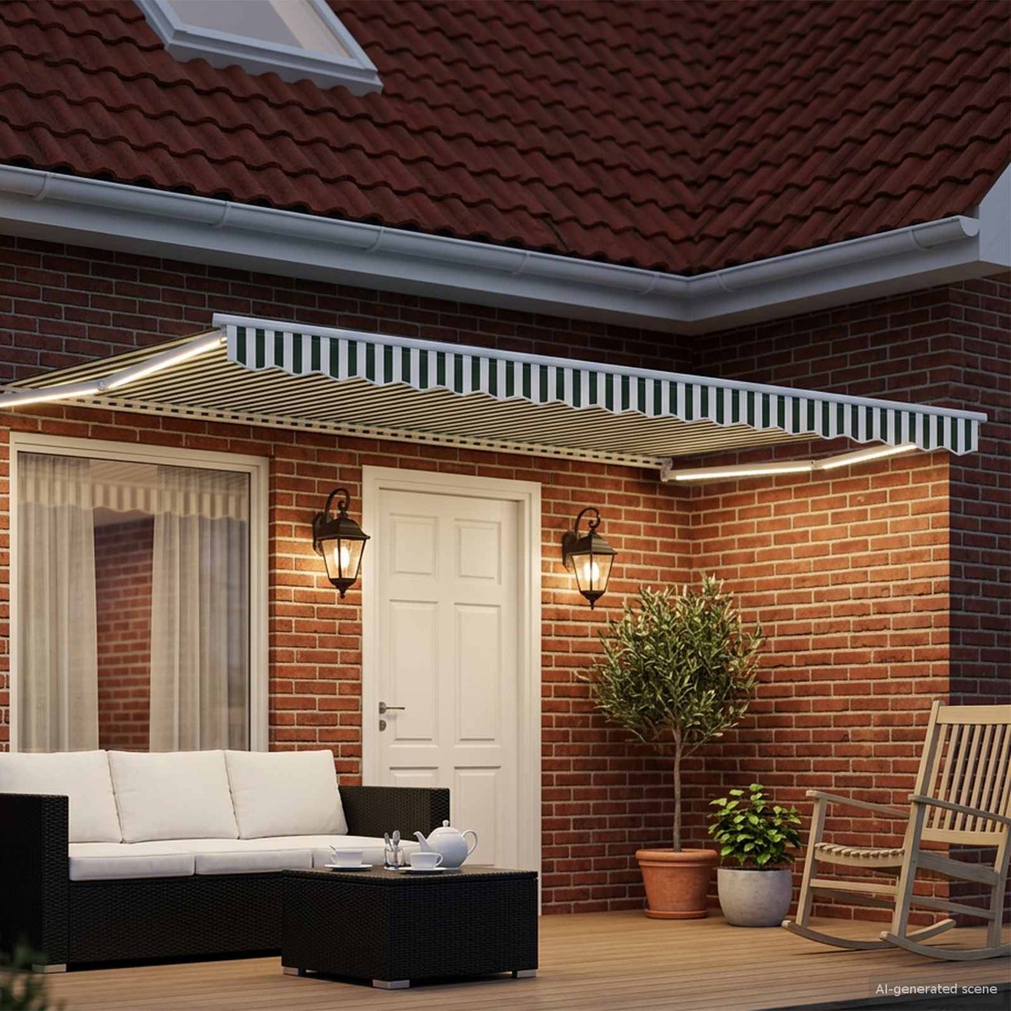 Manual Retractable Awning with LEDs Green and White 4 x 2 m