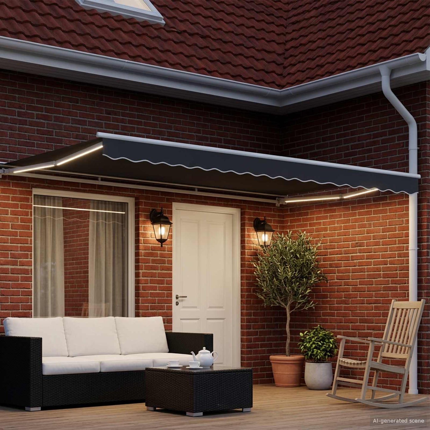 Manual Awning Frame with LEDs 4 x 3 m Polyester with PU coating