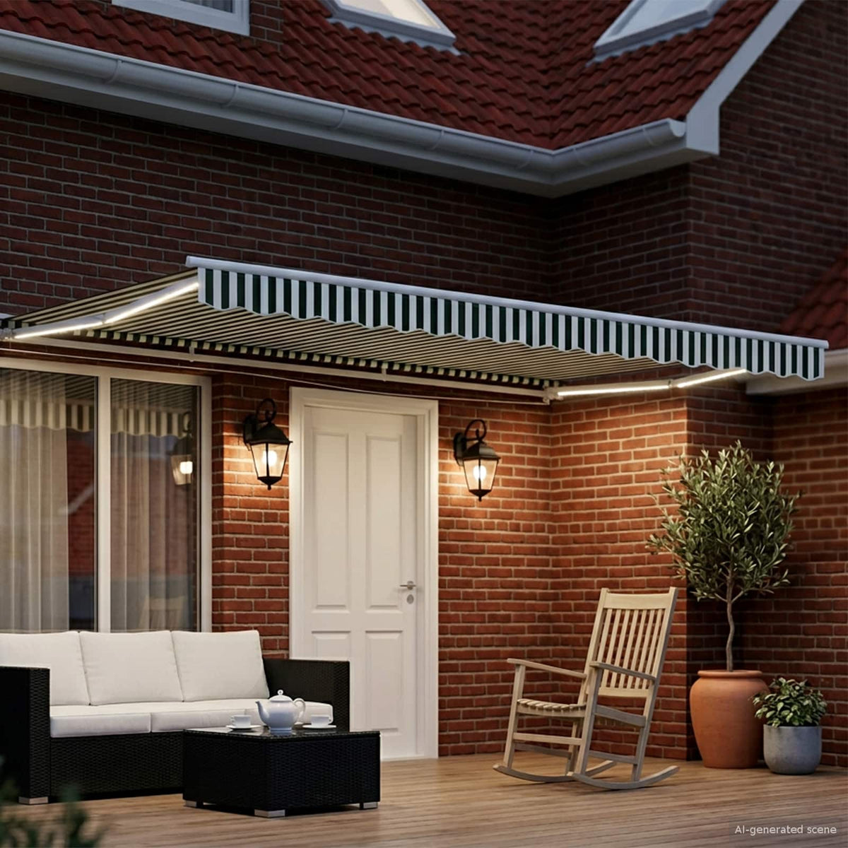 Manual Awning Frame with LEDs Green and White 4 x 3 m