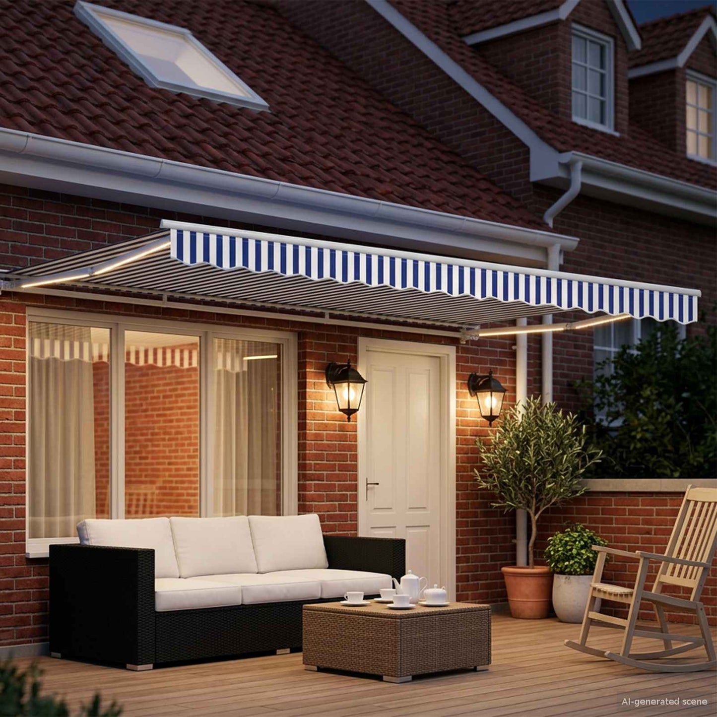 Manual Awning Frame with LEDs Blue and White 4.5 x 3.5 m