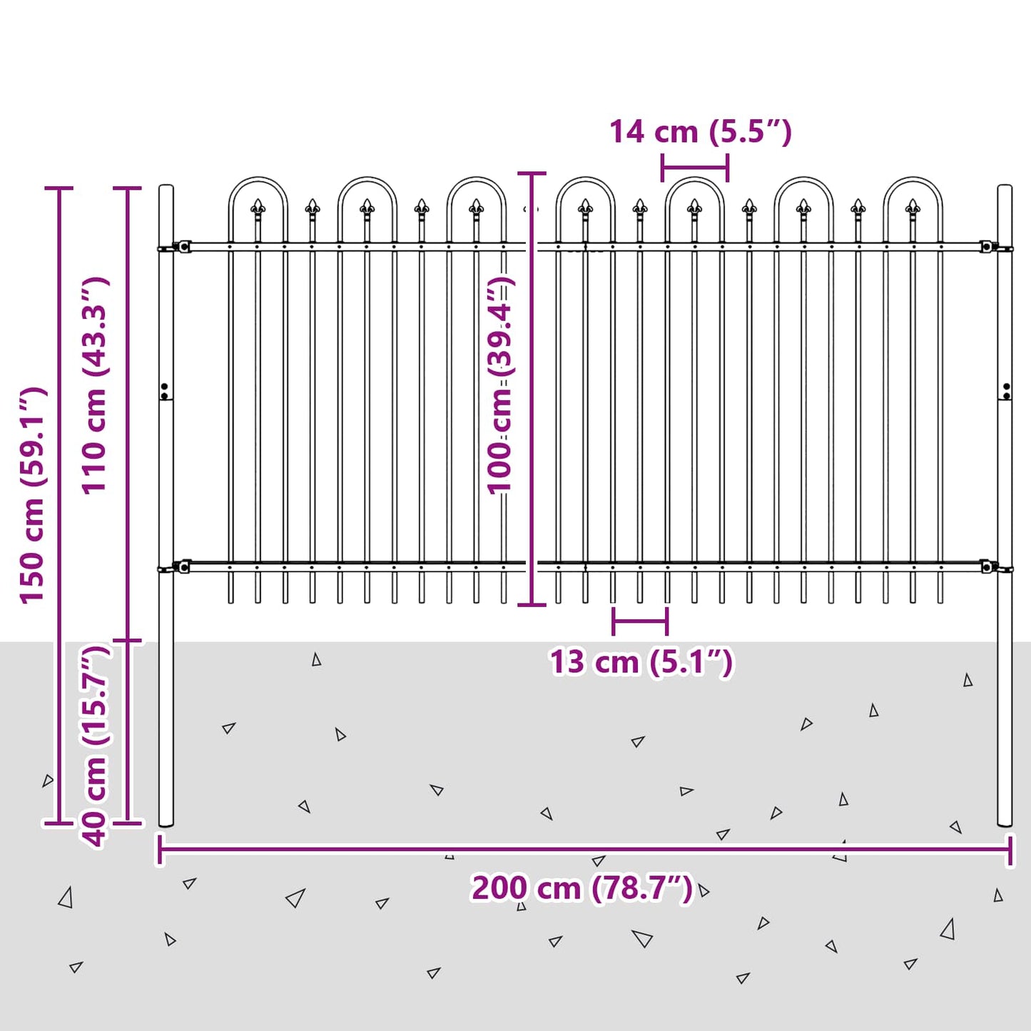 Spike Arch Fence Black 200 x 150 cm Powder-Coated Steel