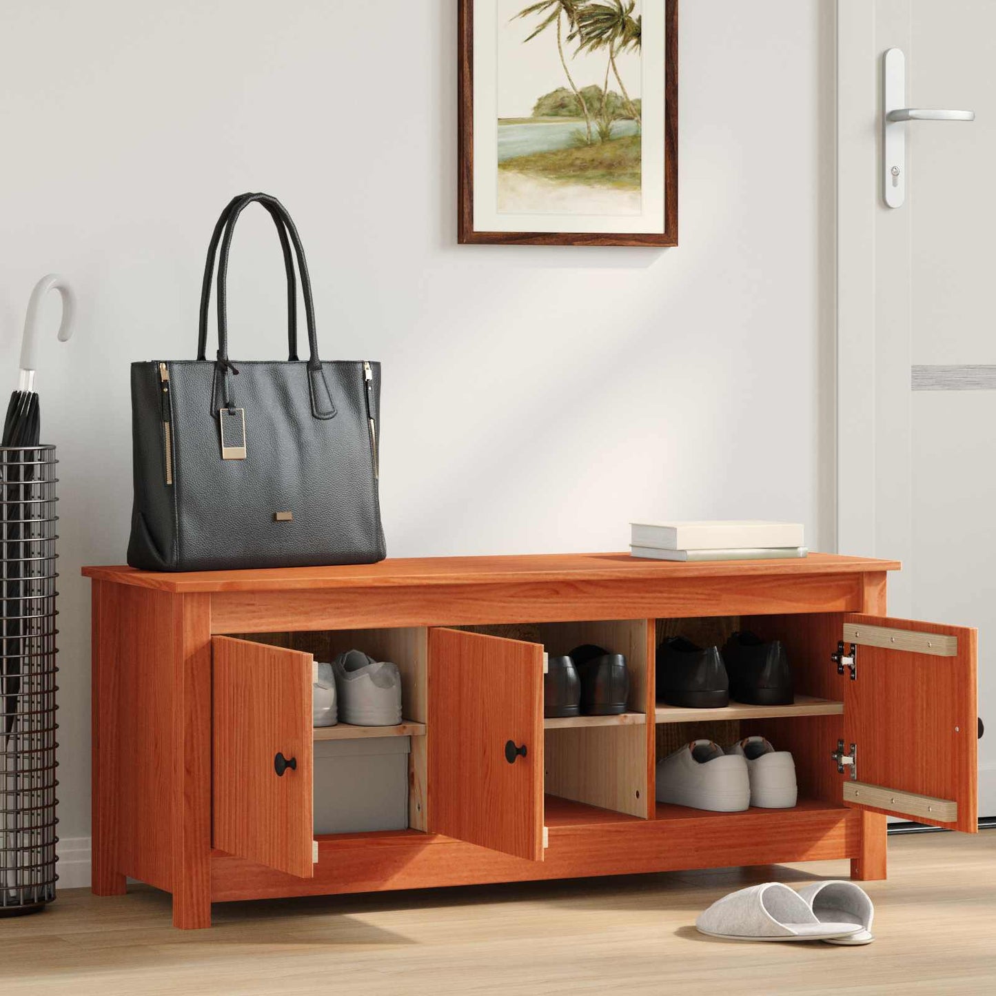 Shoe Cabinet Wax Brown 110 x 38 x 45.5 cm Solid Pine Wood