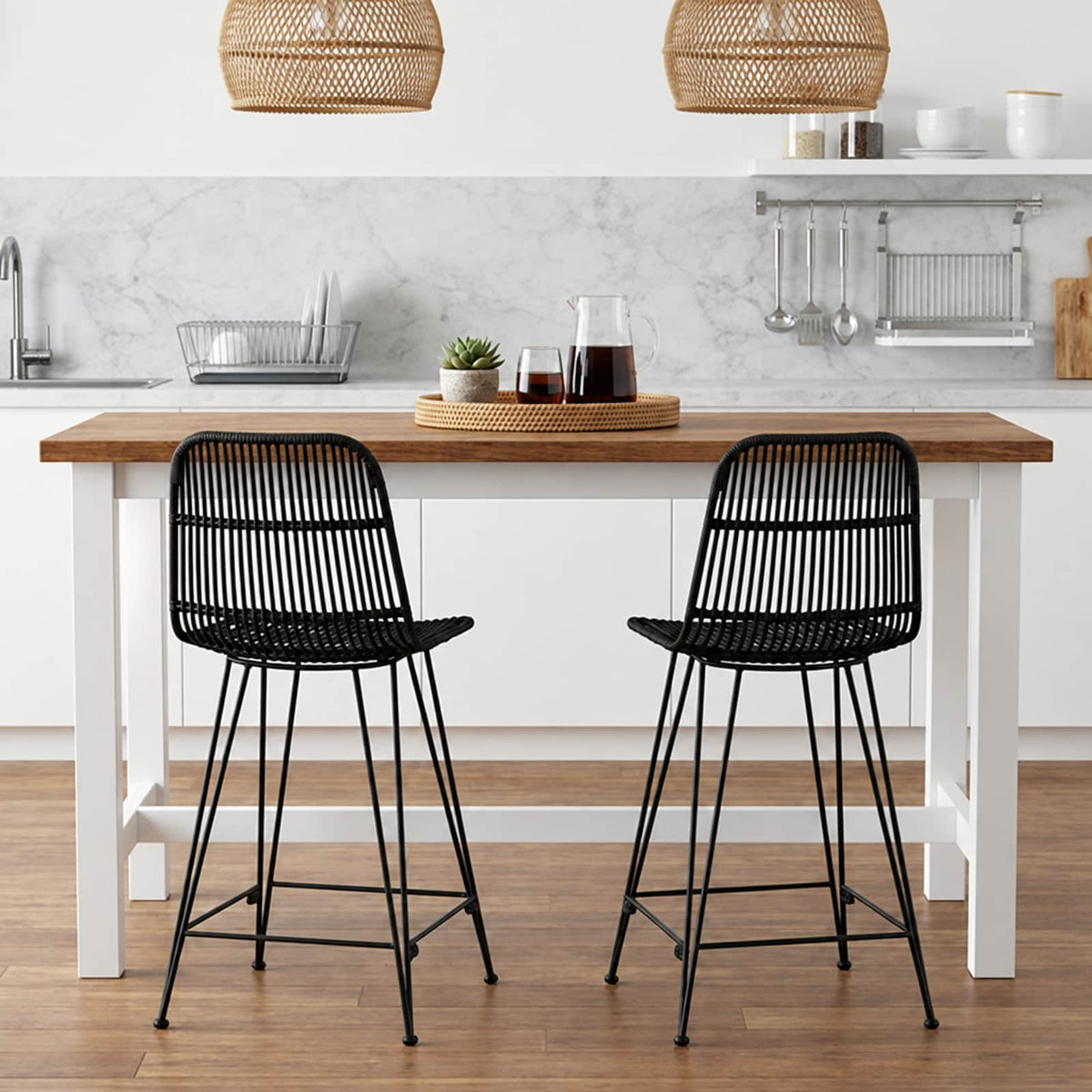 Bar Stool 2 pcs Black 44 x 54 x 96 cm Rattan and Steel
