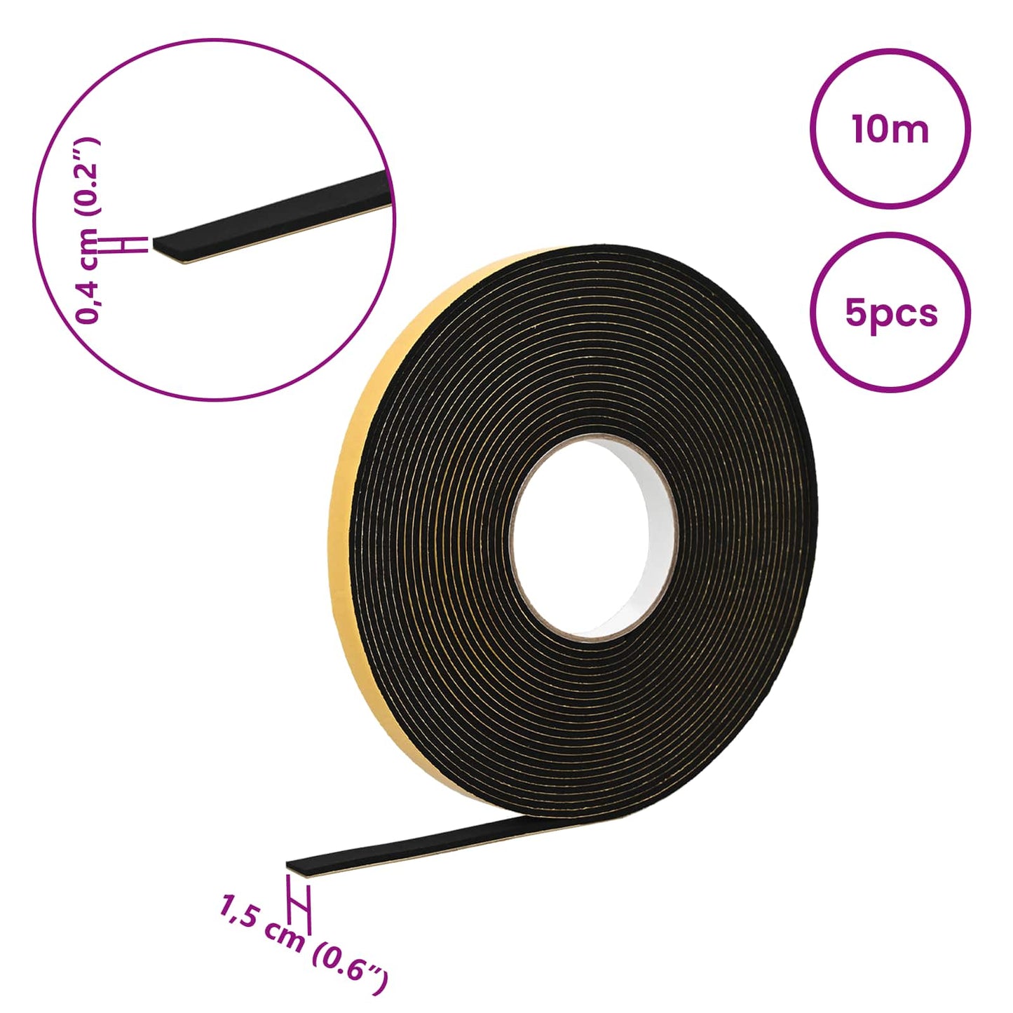 Self-adhesive Foam Tape 5 pcs Black 15mm x 10m CR Foam