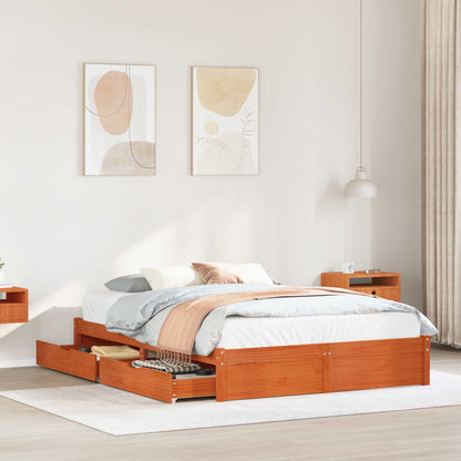 Bed Frame with Drawer Wax Brown 140 x 200 cm Solid Pine Wood