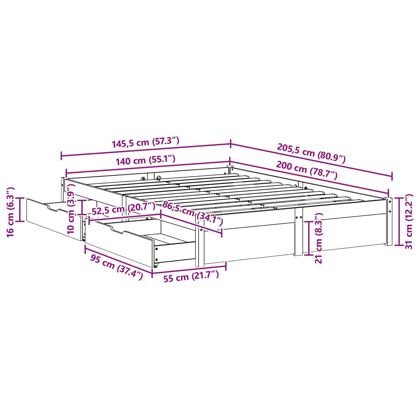 Bed Frame with Drawer Wax Brown 140 x 200 cm Solid Pine Wood