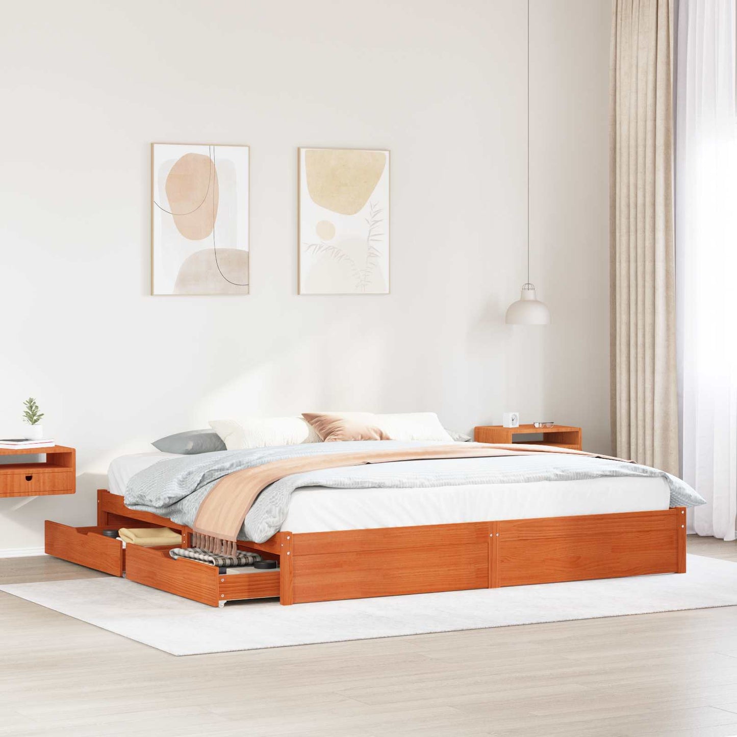 Bed Frame with Drawer Wax Brown 200 x 200 cm Solid Pine Wood