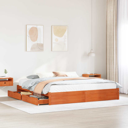 Bed Frame with Drawer Wax Brown 200 x 200 cm Solid Pine Wood
