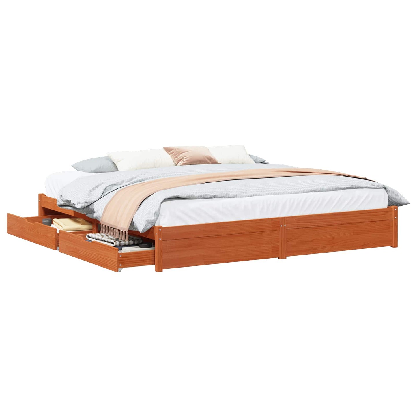 Bed Frame with Drawer Wax Brown 200 x 200 cm Solid Pine Wood