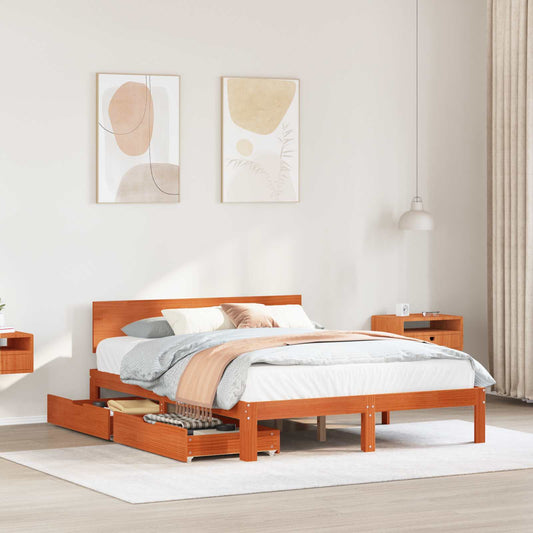 Bed Frame with Headboard 3 pcs Wax Brown Solid Pine Wood