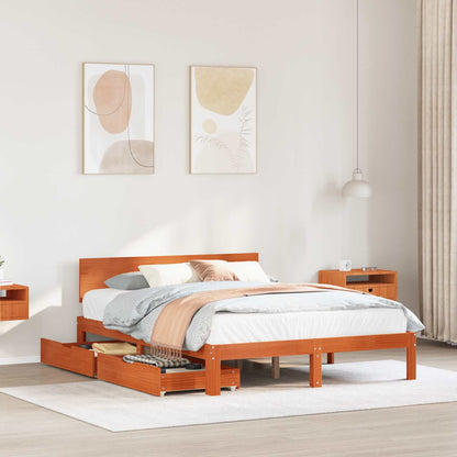 Bed Frame with Headboard 3 pcs Wax Brown Solid Pine Wood
