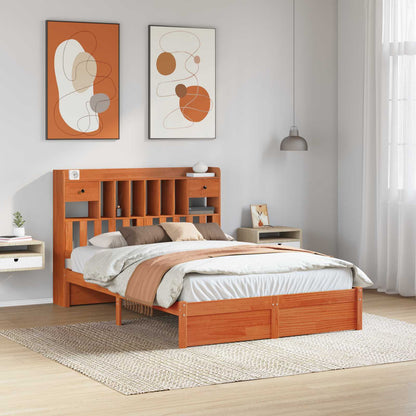 Bookcase Bed Frame Wax Brown 200 x 160 cm Solid Pine Wood