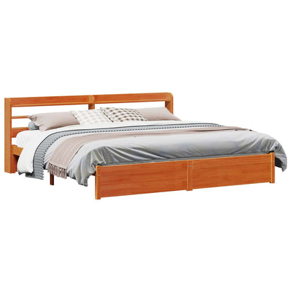 Bed Frame with Headboard Wax Brown 200 x 200 cm Solid Pine Wood