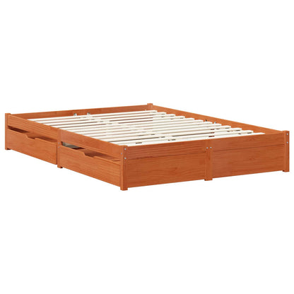 Bed Frame with Drawer 3 pcs Wax Brown Solid Pine Wood