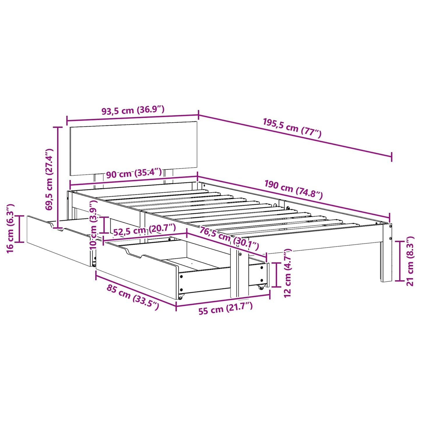 Bed Frame with Headboard 3 pcs Wax Brown Solid Pine Wood