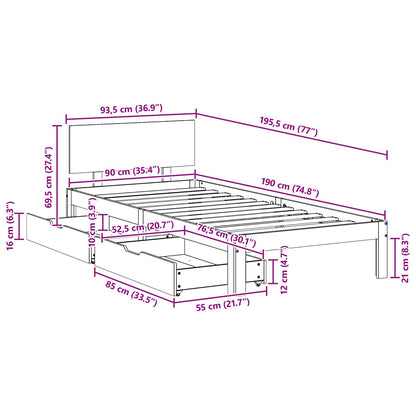 Bed Frame with Headboard 3 pcs Wax Brown Solid Pine Wood