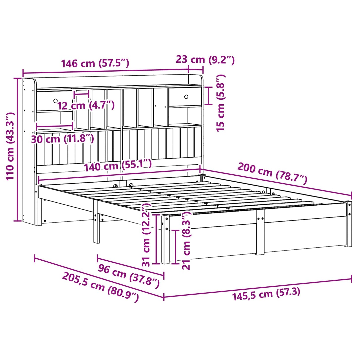 Bookcase Bed Frame Wax Brown 200 x 140 cm Solid Pine Wood