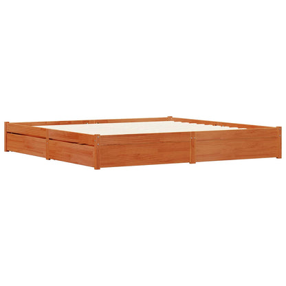 Bed Frame with Drawer Wax Brown 200 x 200 cm Solid Pine Wood