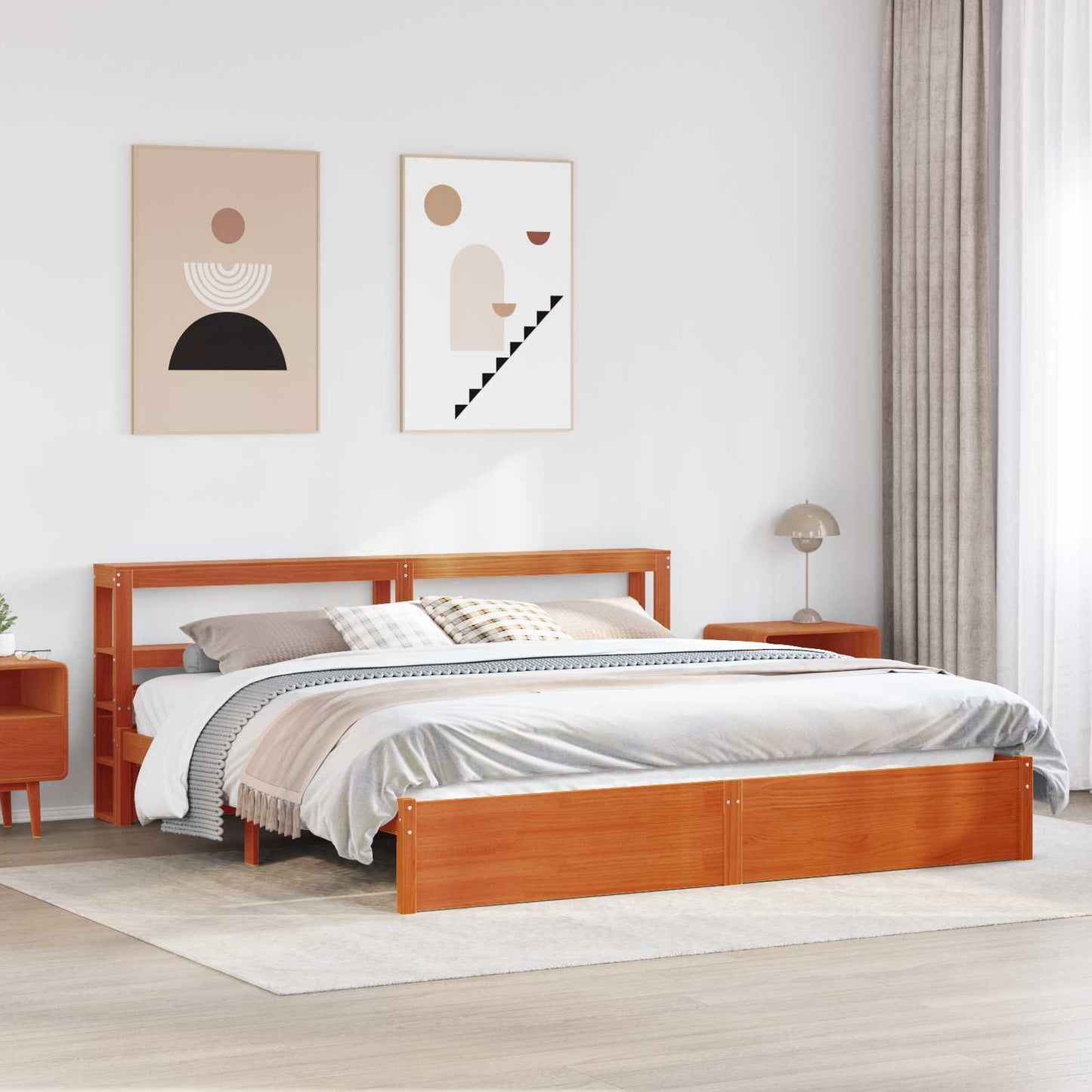 Bed Frame with Headboard Wax Brown 200 x 200 cm Solid Pine Wood