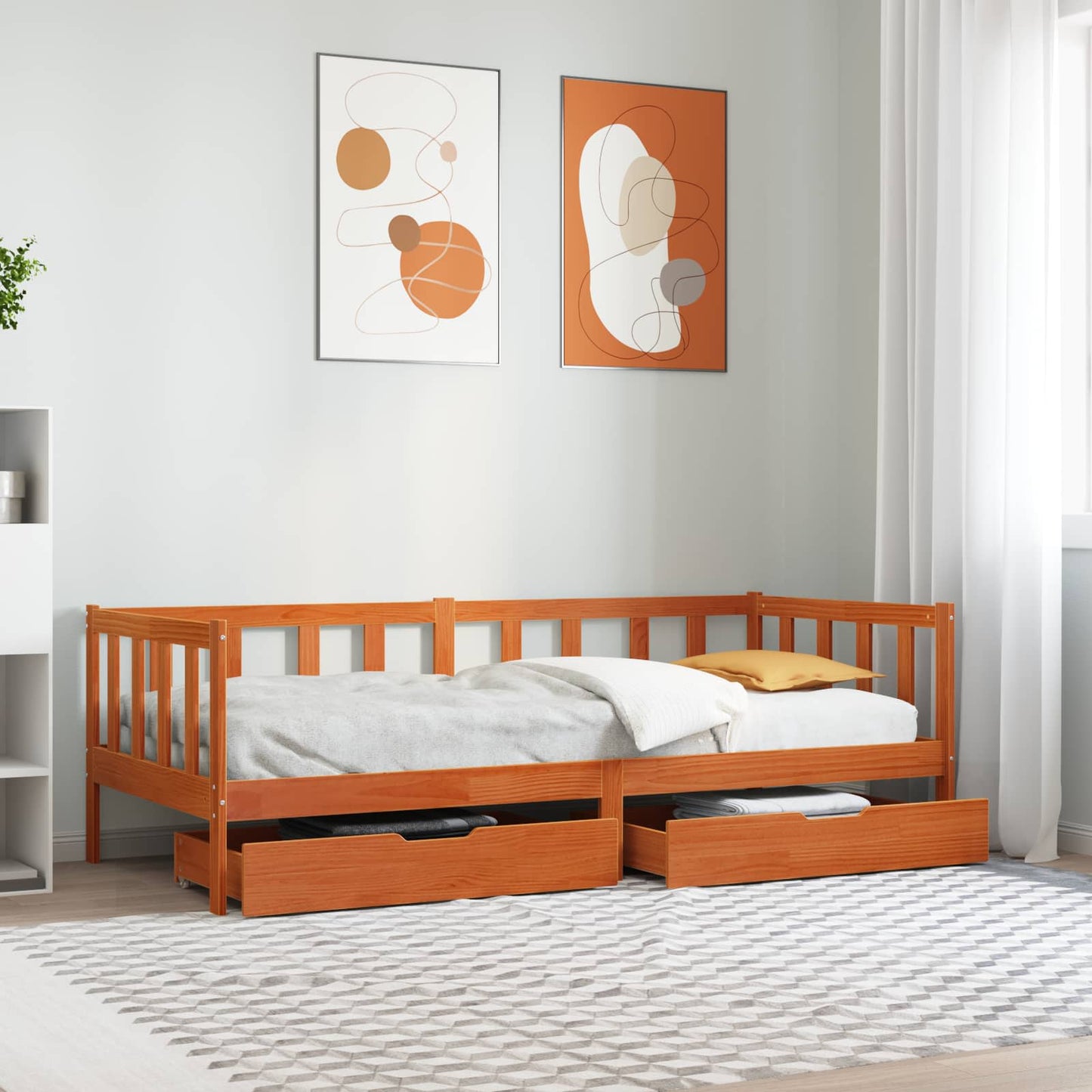 Daybed with Drawer with Wheel 3 pcs Wax Brown Solid Pine Wood