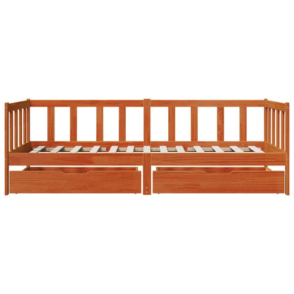 Daybed with Drawer with Wheel 3 pcs Wax Brown Solid Pine Wood