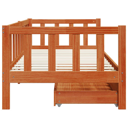 Daybed with Drawer with Wheel 3 pcs Wax Brown Solid Pine Wood