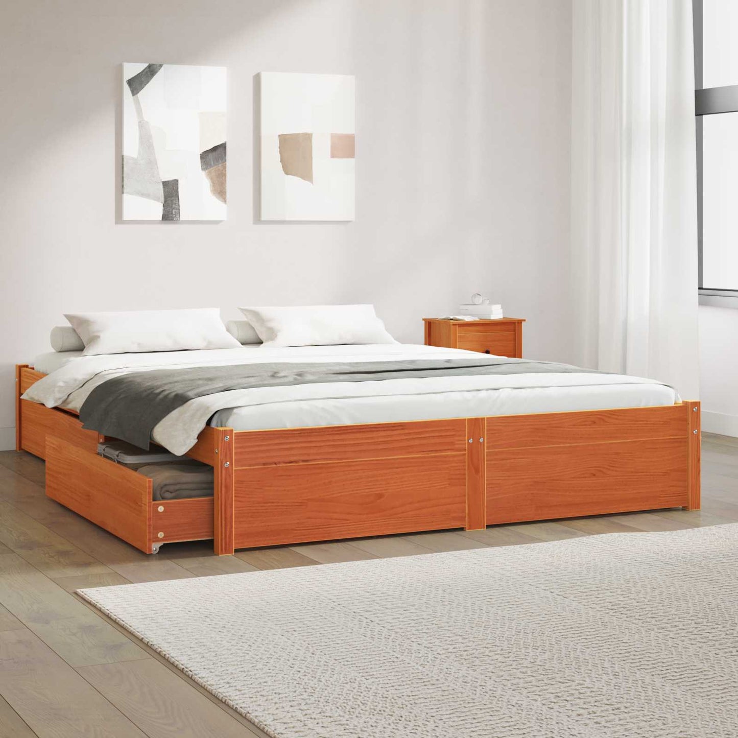 Bed Frame with Drawer Wax Brown 150 x 200 cm Solid Pine Wood