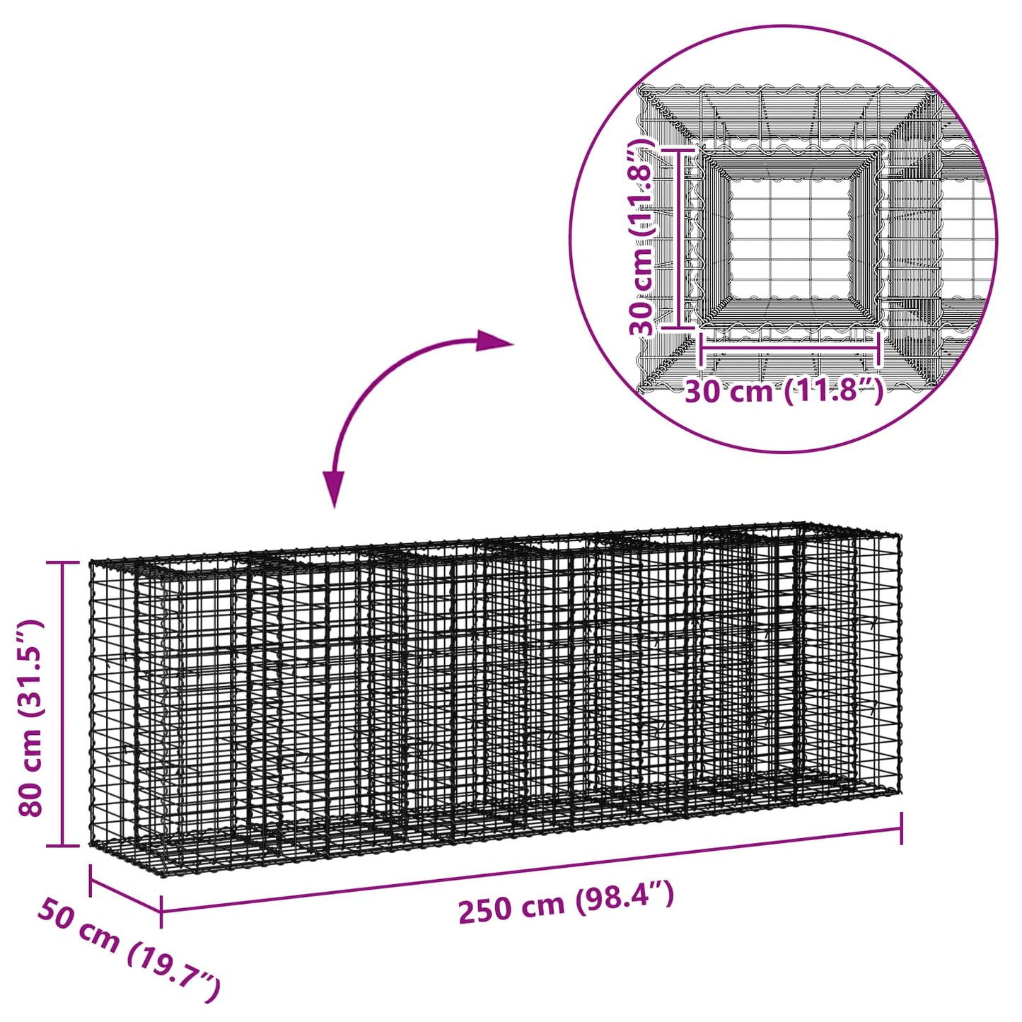 Gabion Raised Bed 2 pcs Silver 250 x 50 x 80 cm