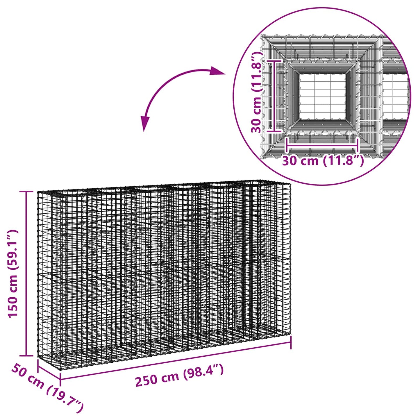 Gabion Raised Bed 3 pcs Silver 250 x 50 x 150 cm