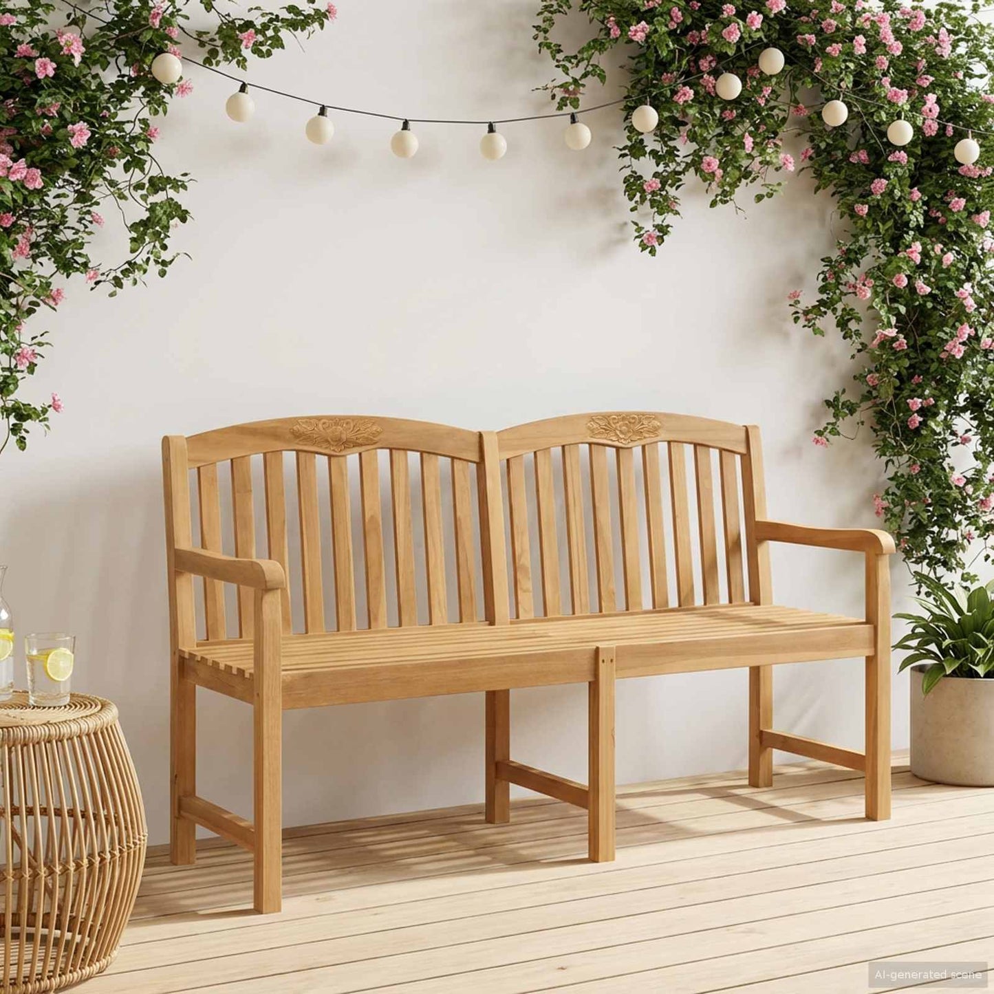 Handcarved Rose Bench Natural 179.5 x 61 x 90 cm