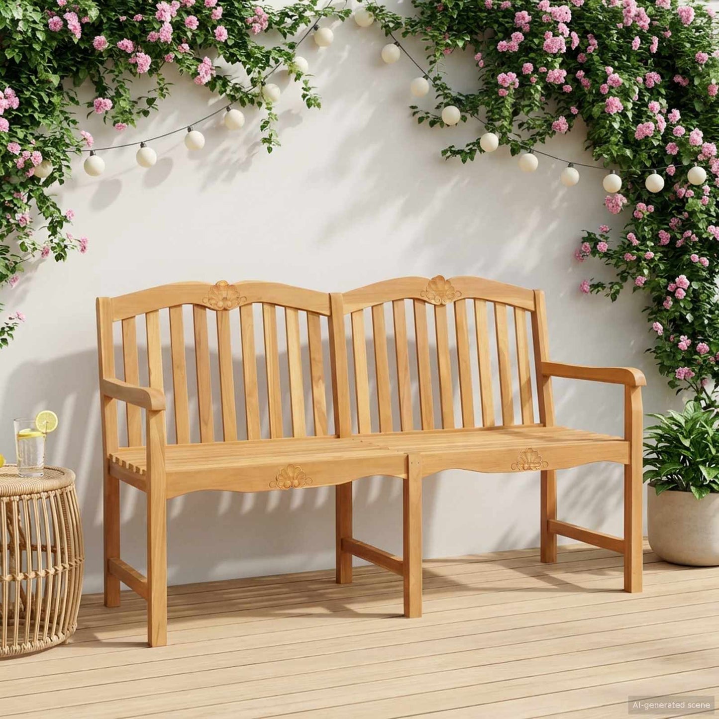 Handcarved Rose Bench Natural 150 x 60.5 x 95 cm