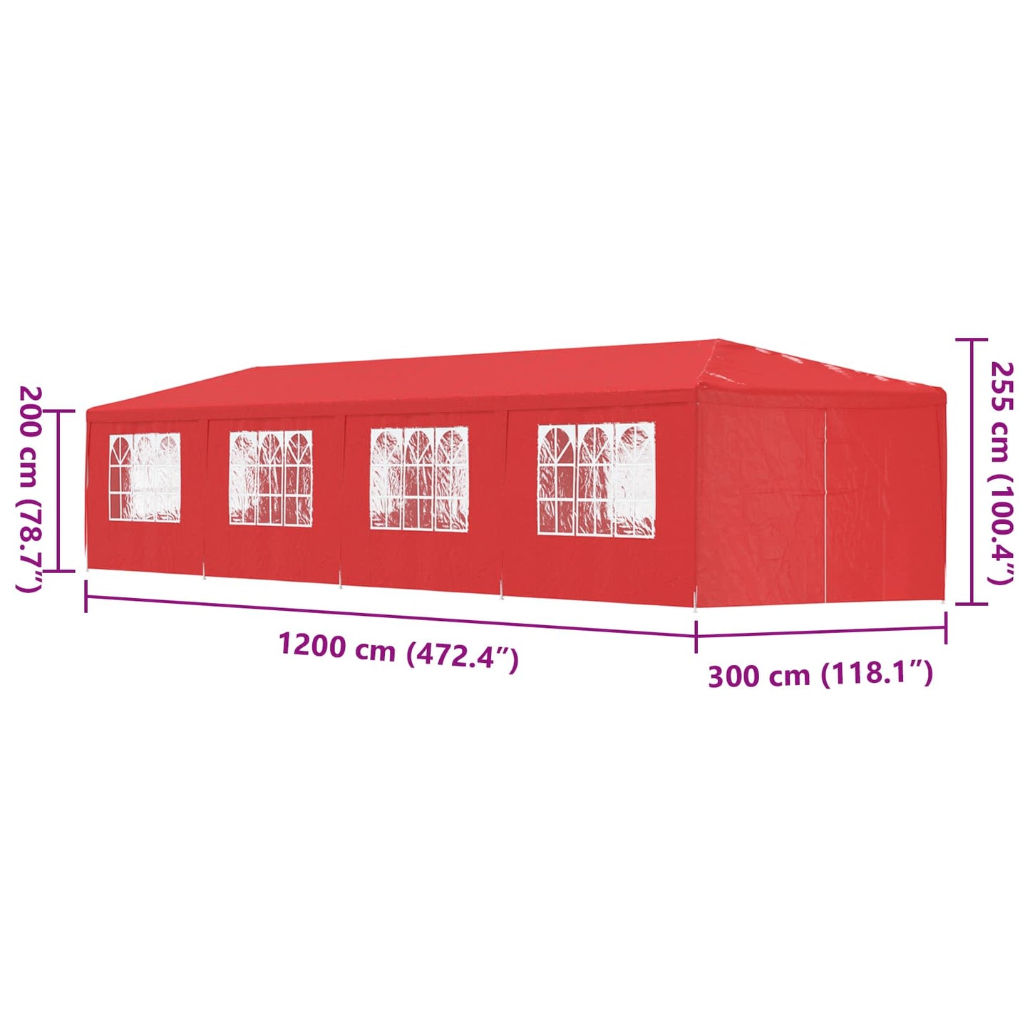 Party Tent 1200 x 300 x 255 cm Red PE and Steel