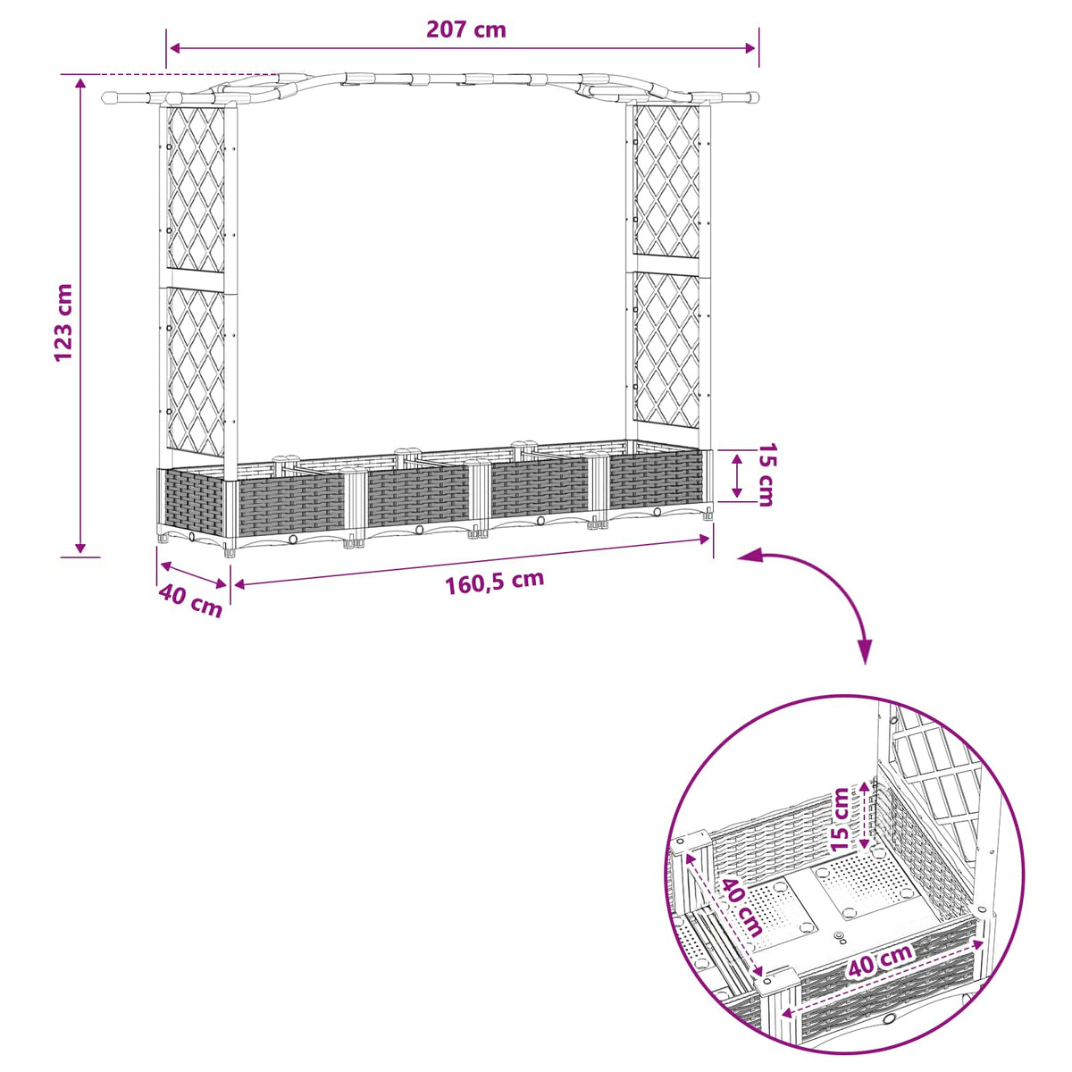 Raised Bed with Trellis and Roof Brown 207 x 40 x 123 cm PP