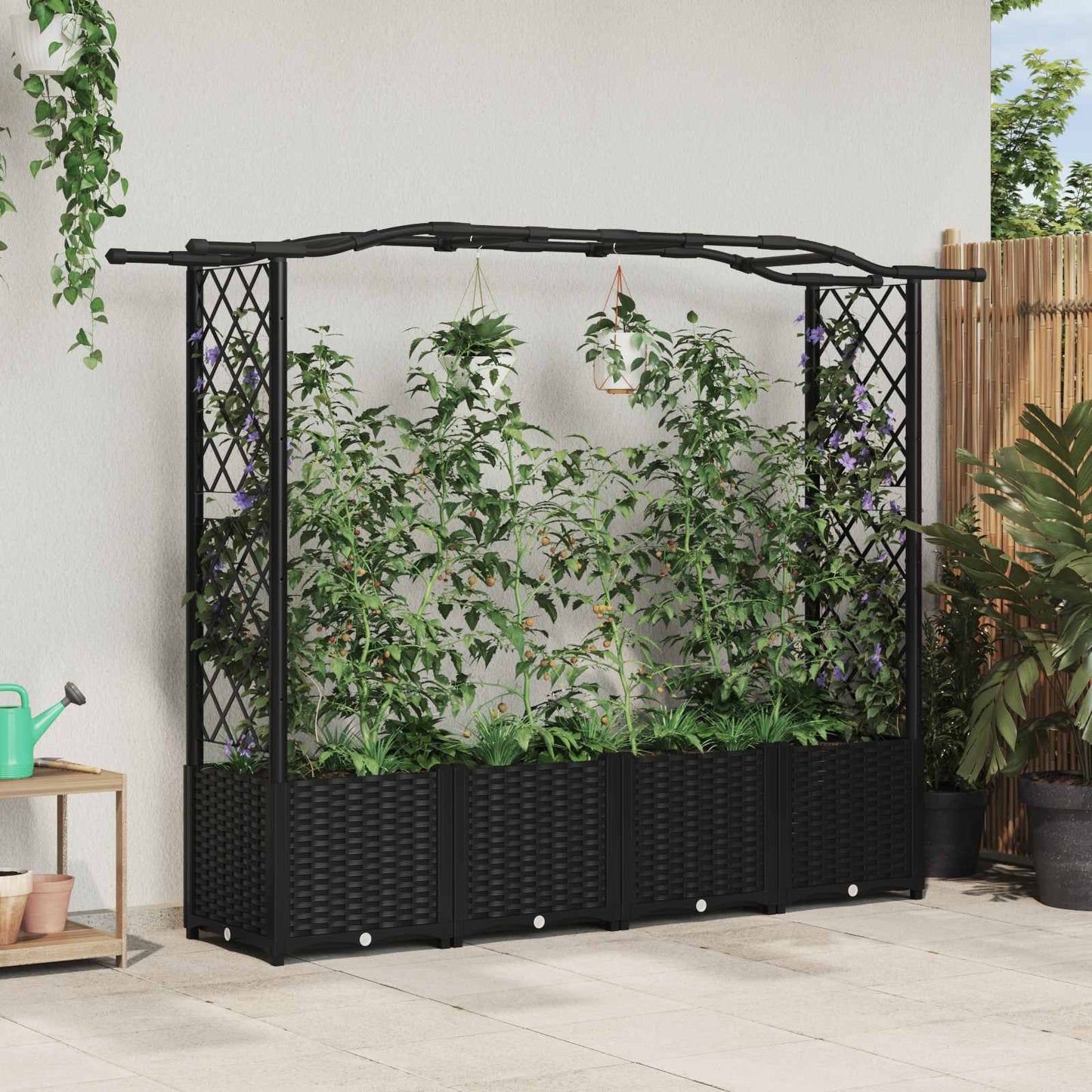 Raised Bed with Trellis and Roof Black 204 x 40 x 141 cm PP