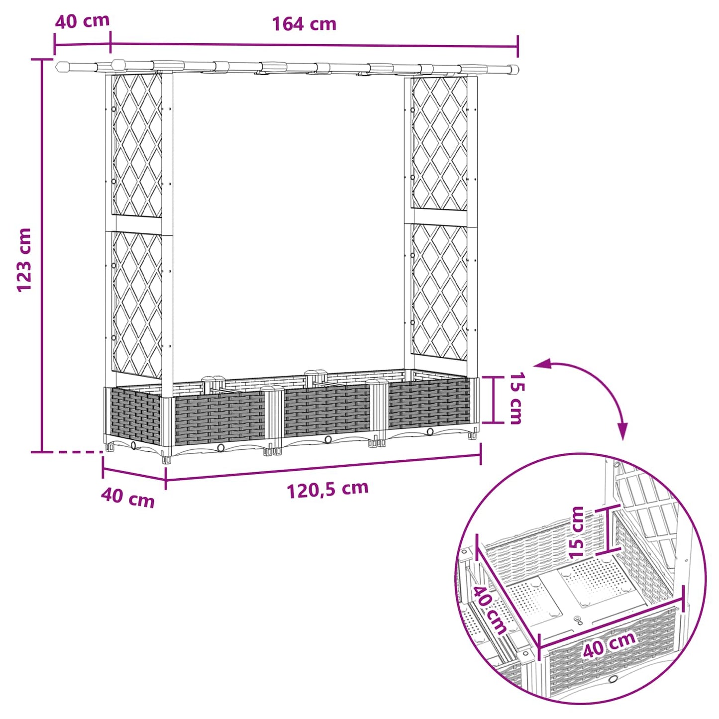 Raised Bed with Trellis and Roof Black 164 x 40 x 123 cm PP