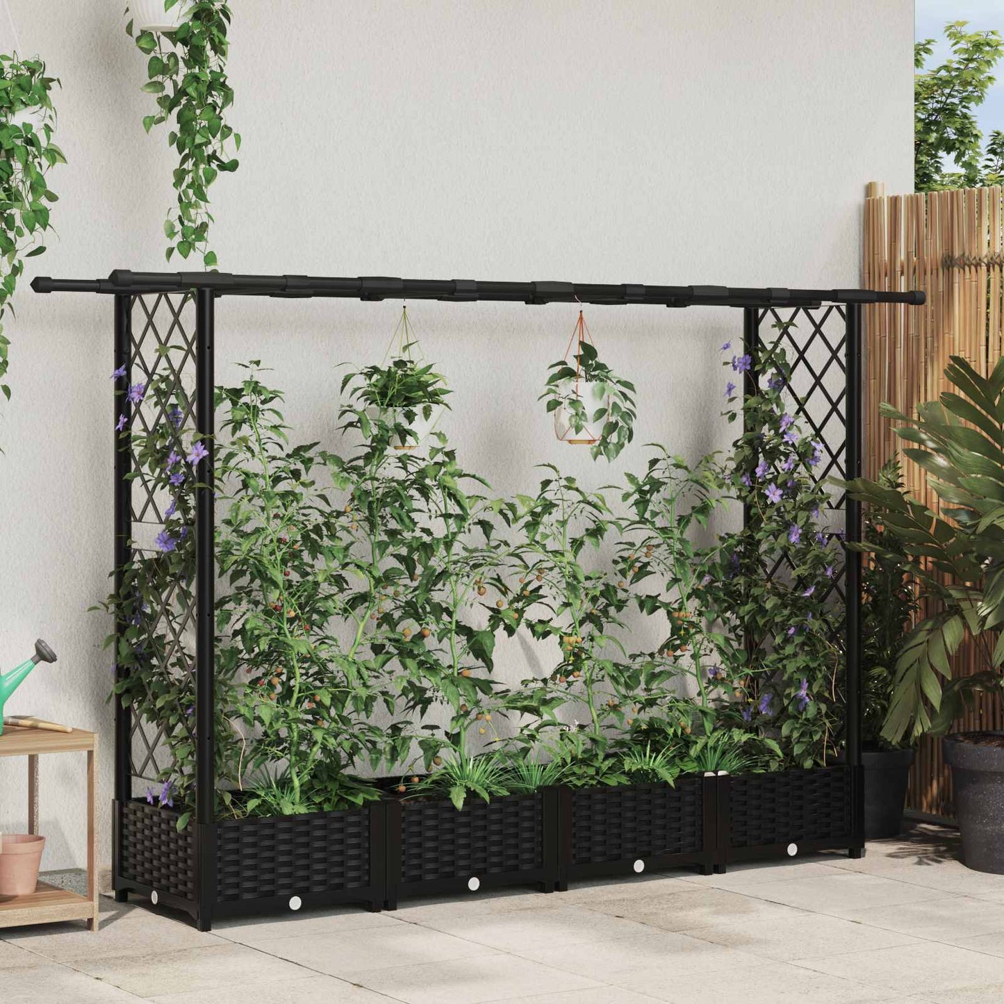 Raised Bed with Trellis and Roof Black 203 x 40 x 123 cm PP